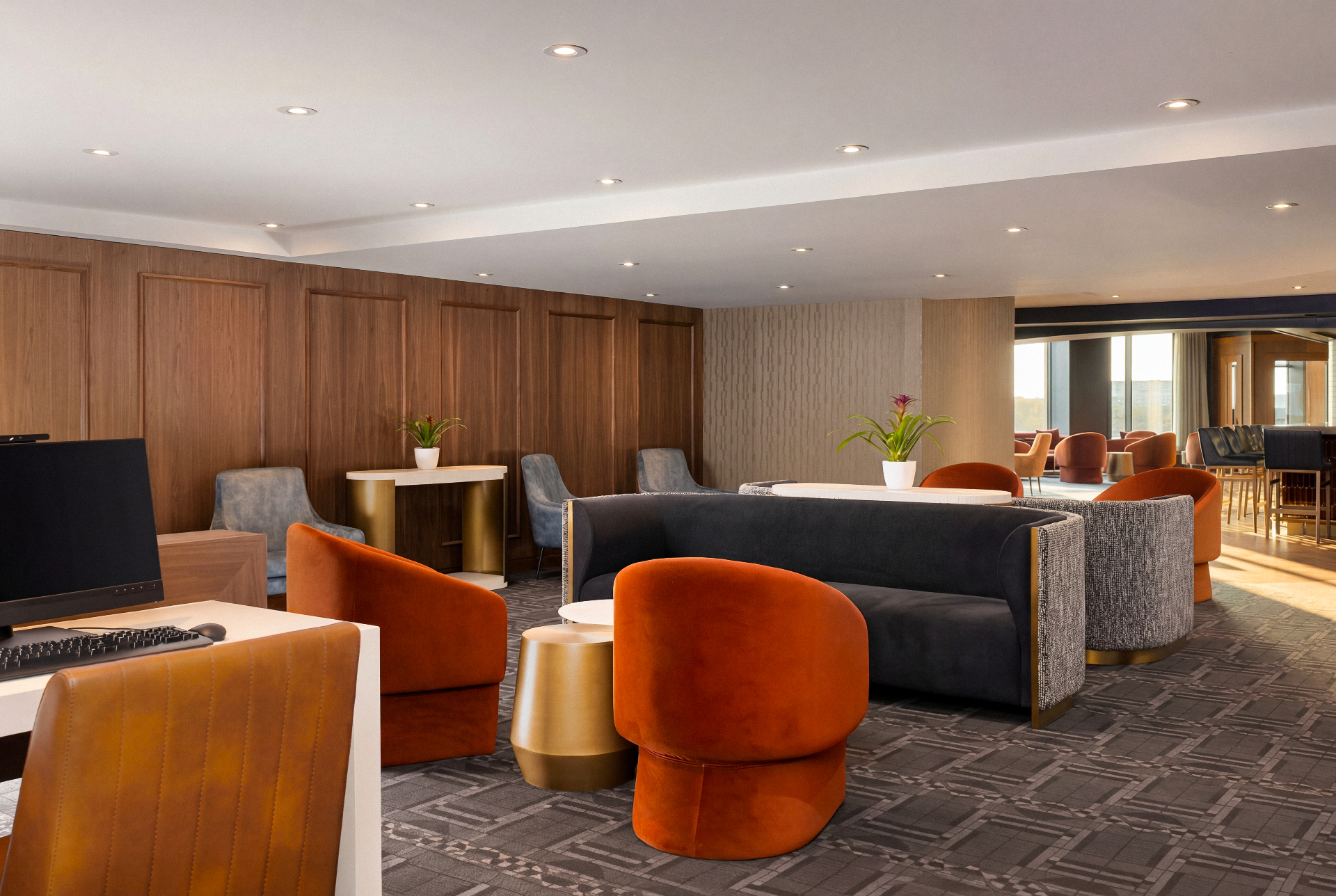 Editorial Canadian hospitality interior at golden hour, overlooking a mountain lake