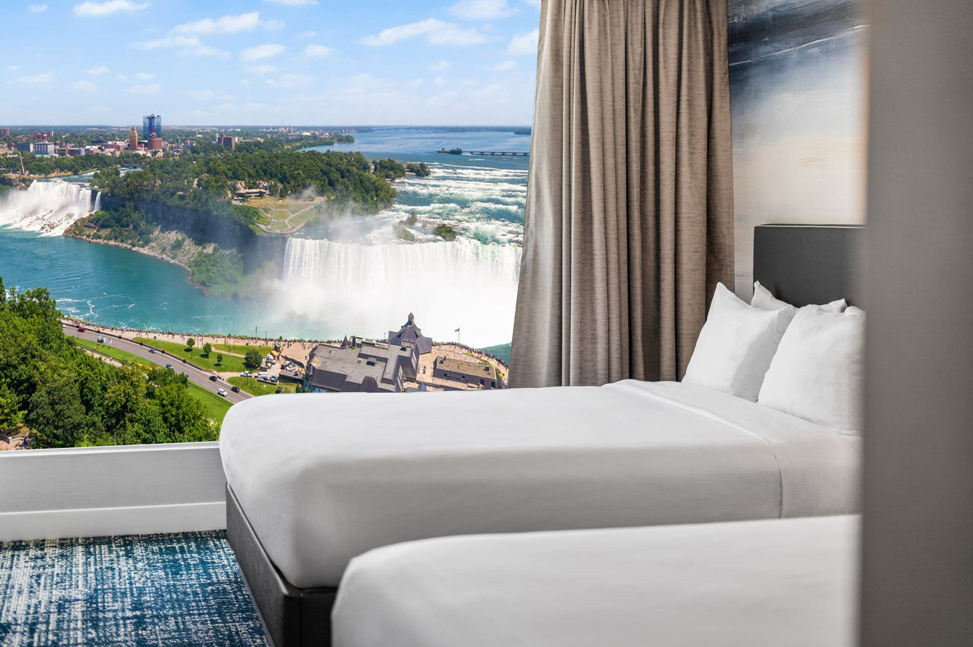 Hyatt Regency Fallsview guest room with Niagara Falls view through the window